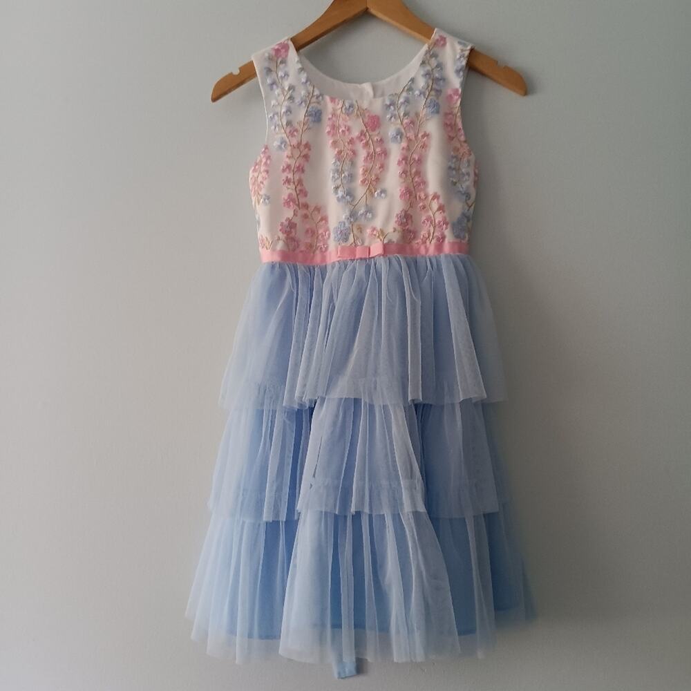Jona Michelle Multicolored Floral & Blue Tulle Dress Sz 8 Beautiful Easter Dress
